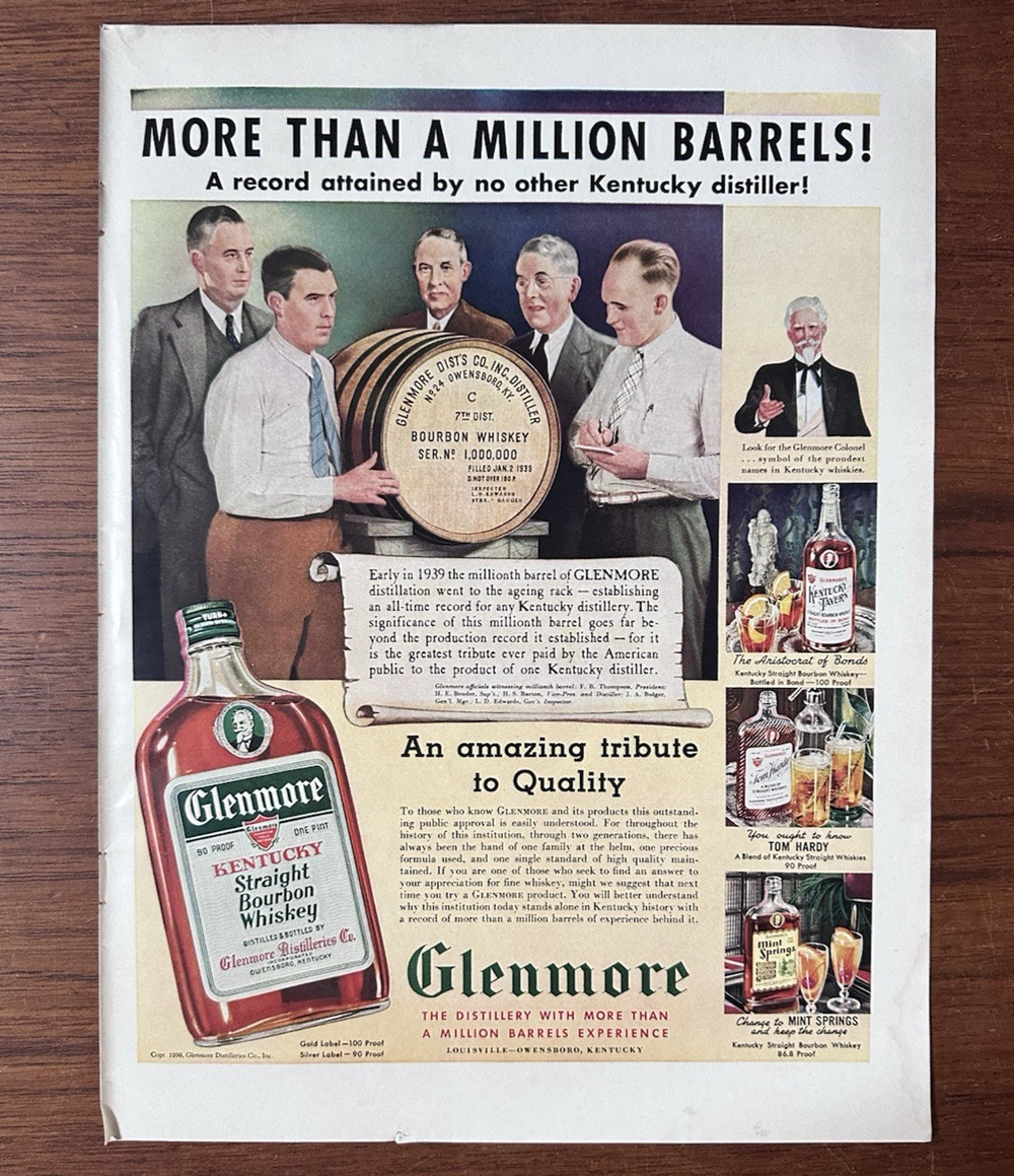 1939 Glenmore Kentucky Straight Bourbon Whiskey Vintage Print Ad